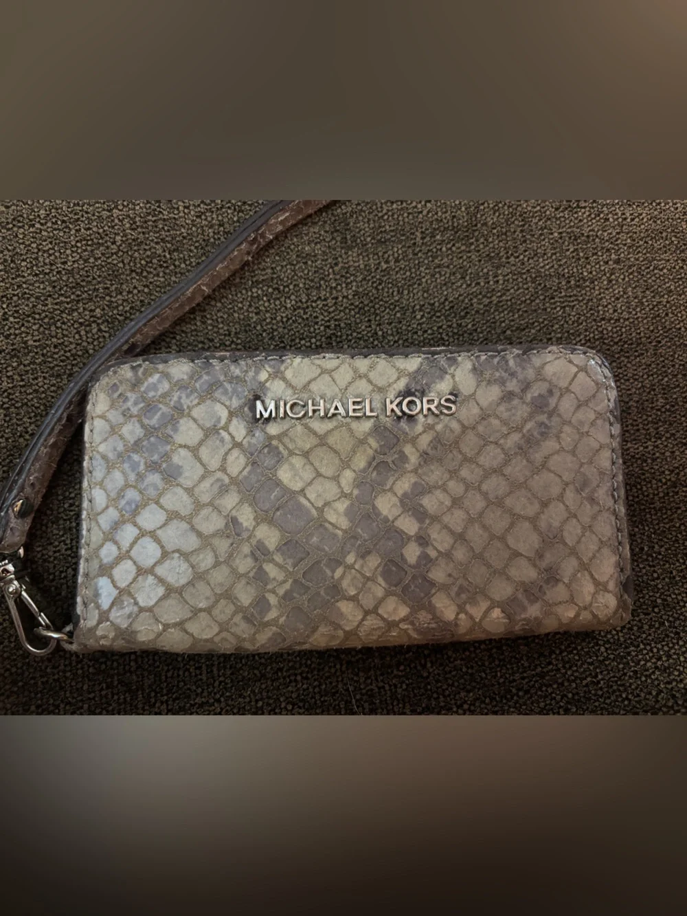 Michael Kors Taupe Snake-Embossed Wristlet